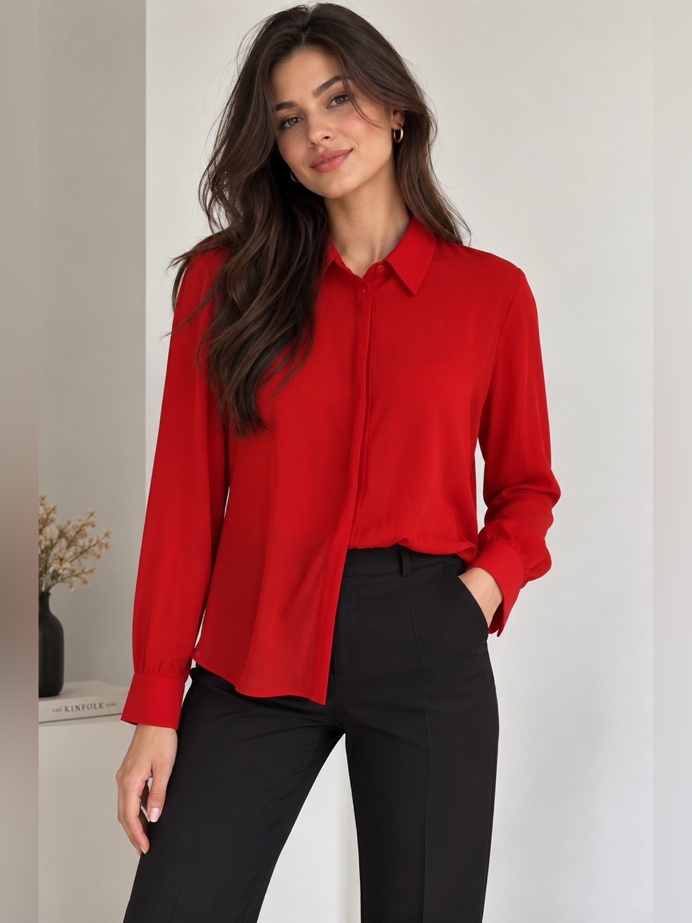 IPEKYOL Basics Red Sheer Long Sleeve Button-Down Blouse Shirt Size 6